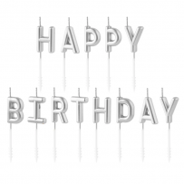Свещички букви за рожден ден с текст Happy Birthday, сребърни /Pp/