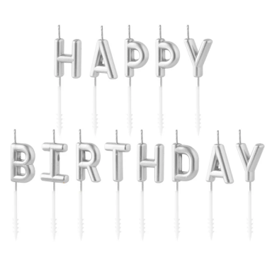 Свещички букви за рожден ден с текст Happy Birthday, сребърни /Pp/
