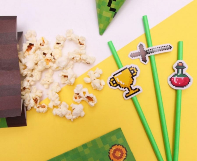 Картонени сламки Геймърски рожден ден, Майнкрафт, Game On 19,5 см, 8 бр. /Gd/