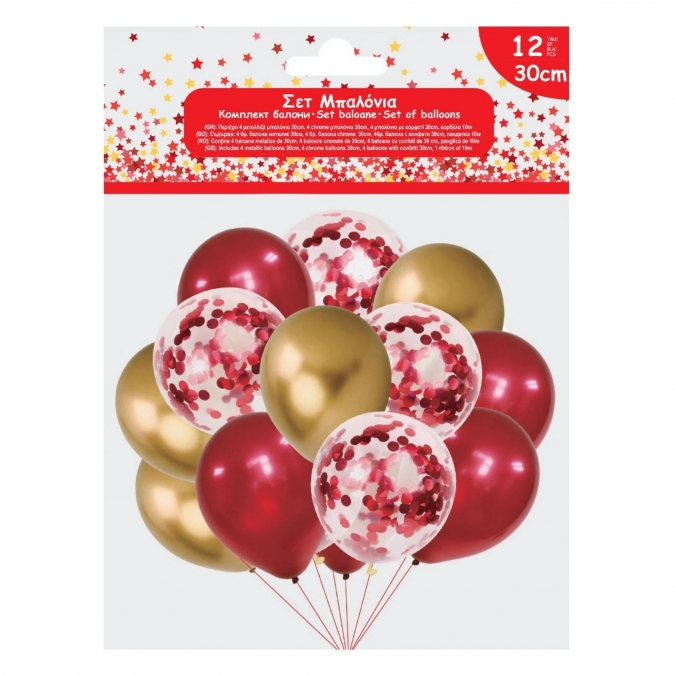 Комплект 12 бр. балони 30 см., металик злато, червено и 4 прозрачни с конфети /mb/