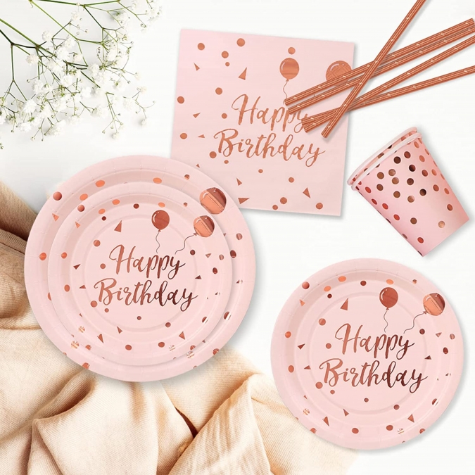 Хартиена чинийка с блестящ надпис в розово злато Happy Birthday и балони, 18см 6 бр /mb/