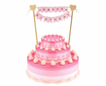 Декорация за торта в розово, златно и брокат с текст Happy Birthday, 25см /Gd/