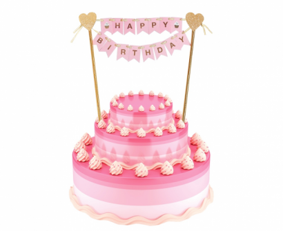 Декорация за торта в розово, златно и брокат с текст Happy Birthday, 25см /Gd/