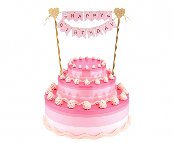 Декорация за торта в розово, златно и брокат с текст Happy Birthday, 25см /Gd/