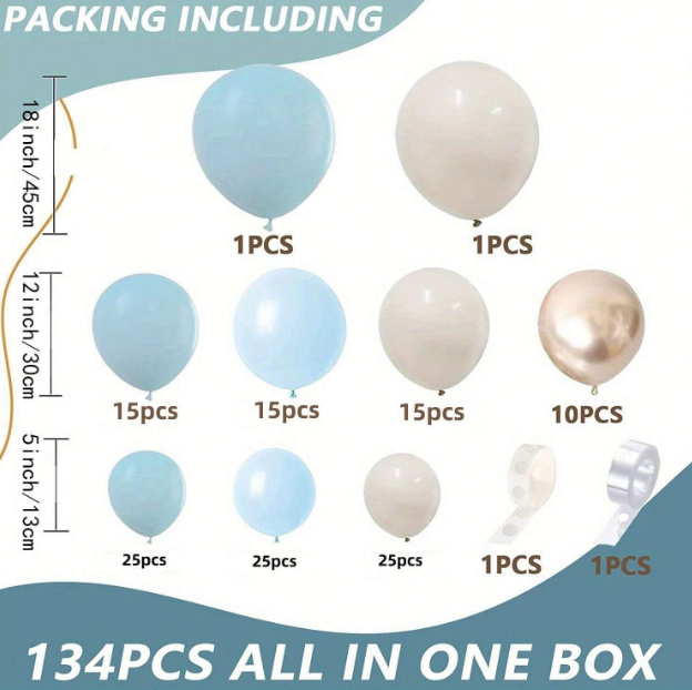 Комплект с балони тип арка, 134бр. балони в бяло, синьо, тюркоаз и златно хром /Ch/
