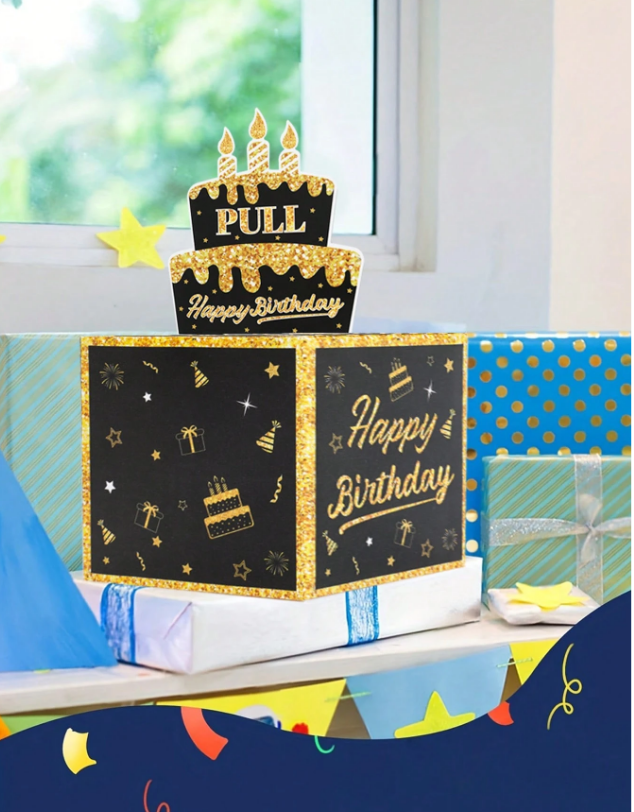 Кутия за подарък за рожден ден с изненада - пари, в черно и златно /Ch/