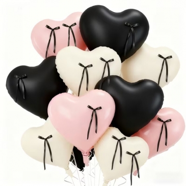Комплект 27 бр. фолиеви балони сърца в лате, черно и розово с панделки /Tm/