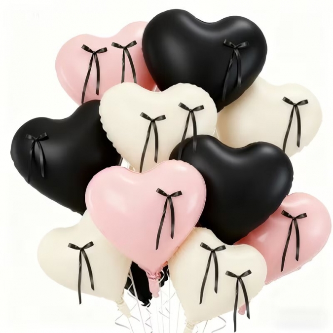 Комплект 27 бр. фолиеви балони сърца в лате, черно и розово с панделки /Tm/
