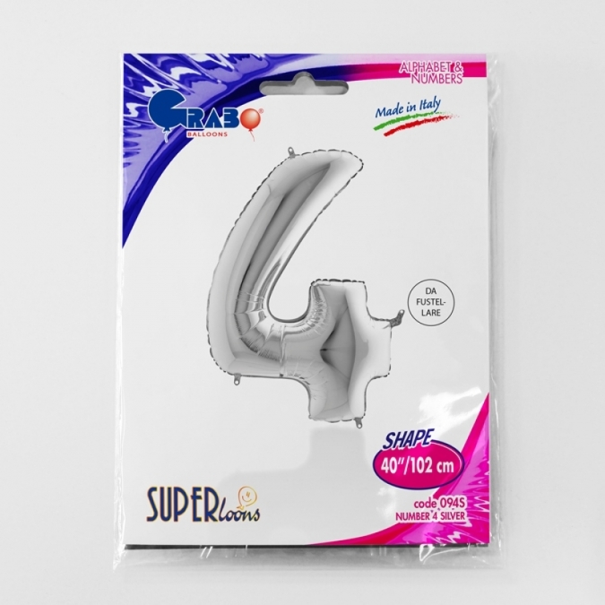 Фолиев балон цифра 4, цвят сребро, 102 см, Grabo Италия